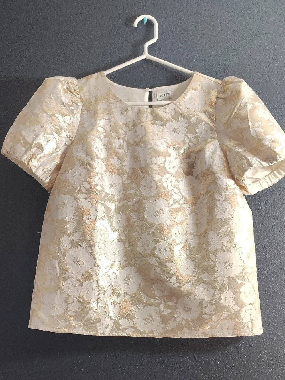 J. Crew Cream and Gold Floral Puff-Sleeve Blouse Size Small